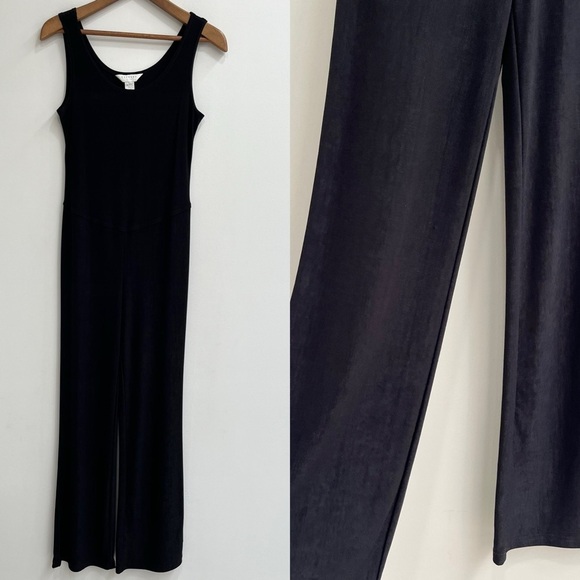 Express Pants - Vintage 90’s Y2K Express Tricot Black Slinky Jumpsuit Flare Leg Catsuit Stretch